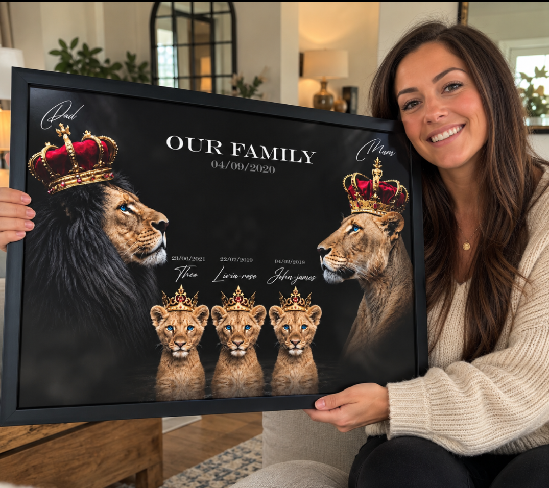 Personalised animal family portrait UK with lion parents and three cubs