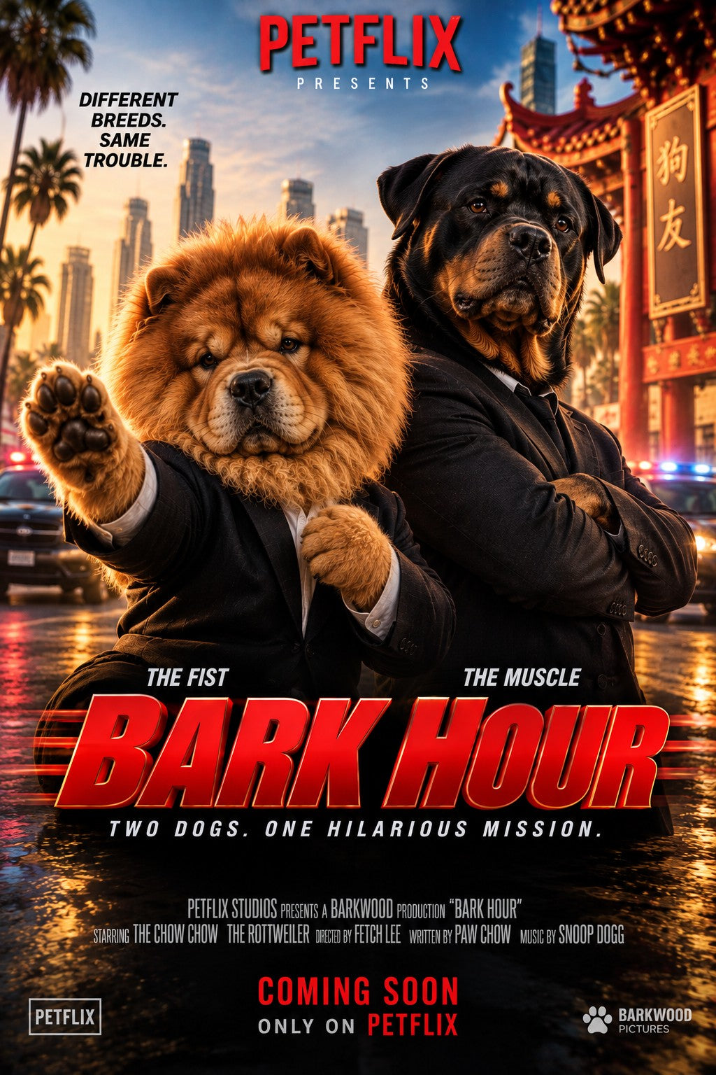 Bark Hour personalised dog movie poster featuring a Chow Chow and Rottweiler - custom PETFLIX pet portrait