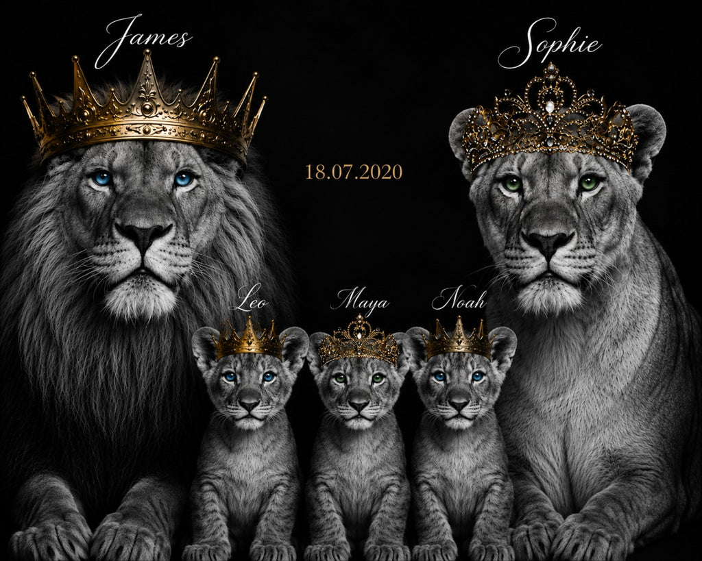 Personalised lion family portrait with crowns and names