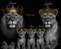 Personalised lion family portrait with crowns and names