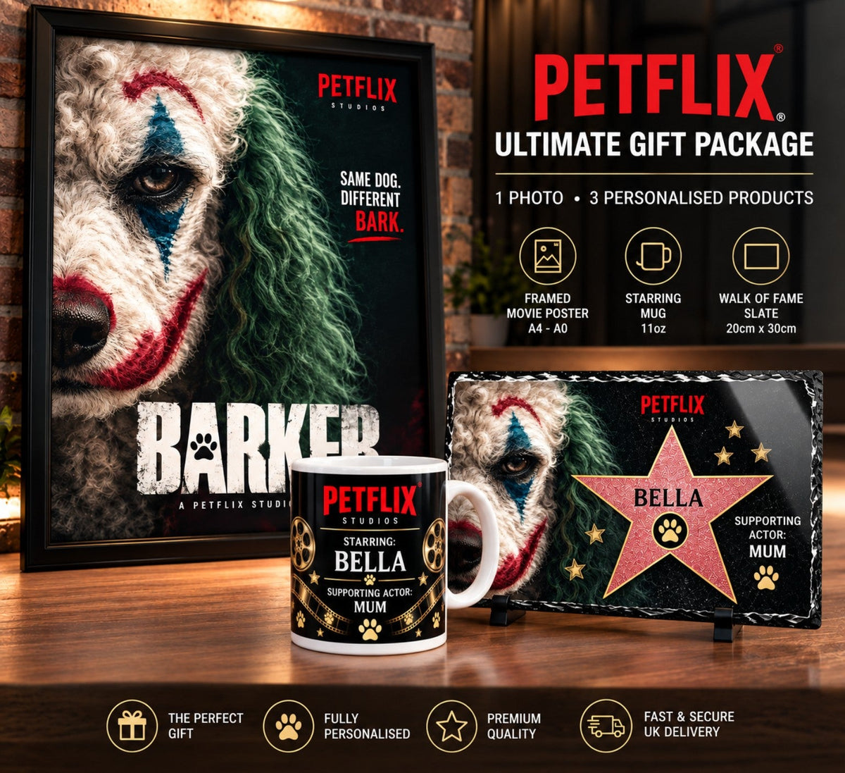 PETFLIX Ultimate Gift Package – framed personalised pet movie poster, 11oz starring mug and 20x30cm Walk of Fame slate