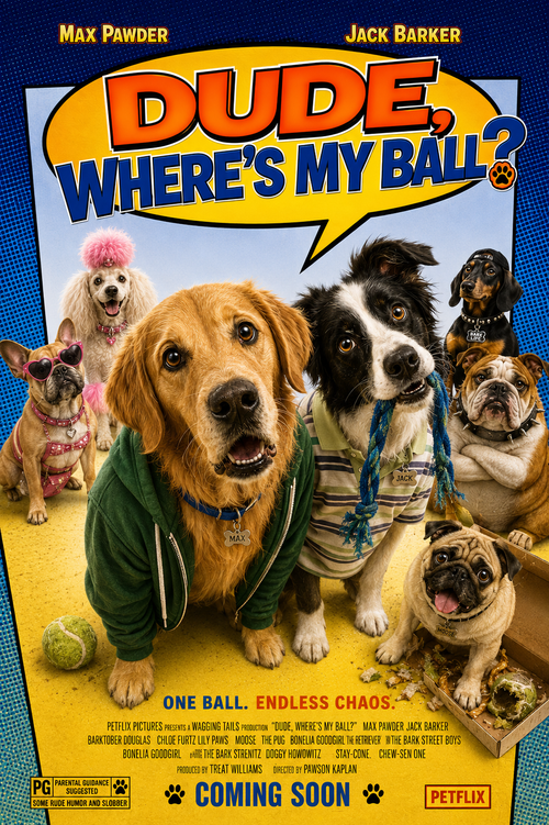 Dude, Where’s My Ball? – Funny Dog Movie Poster | Petflix