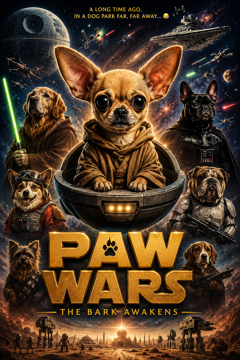 Paw Wars: The Bark Awakens – Personalised Dog Space Movie Poster | Custom Pet Wall Art