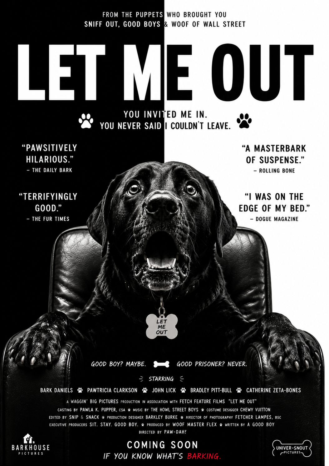 LET ME OUT – Funny Labrador Horror Movie Poster | Petflix