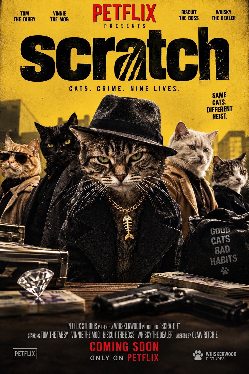 Scratch personalised cat movie poster - custom PETFLIX cat portrait gift